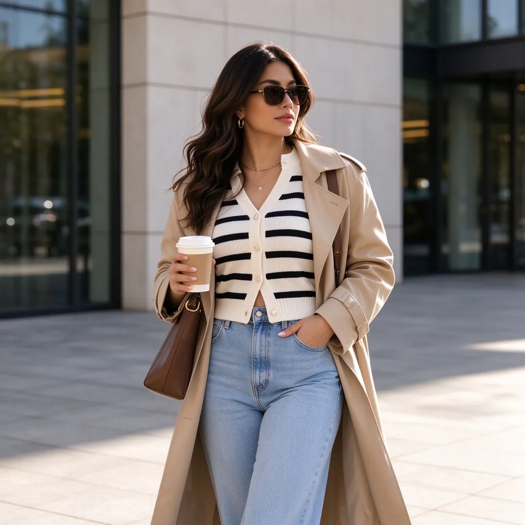 Creator wearing a striped cardigan and beige trench coat